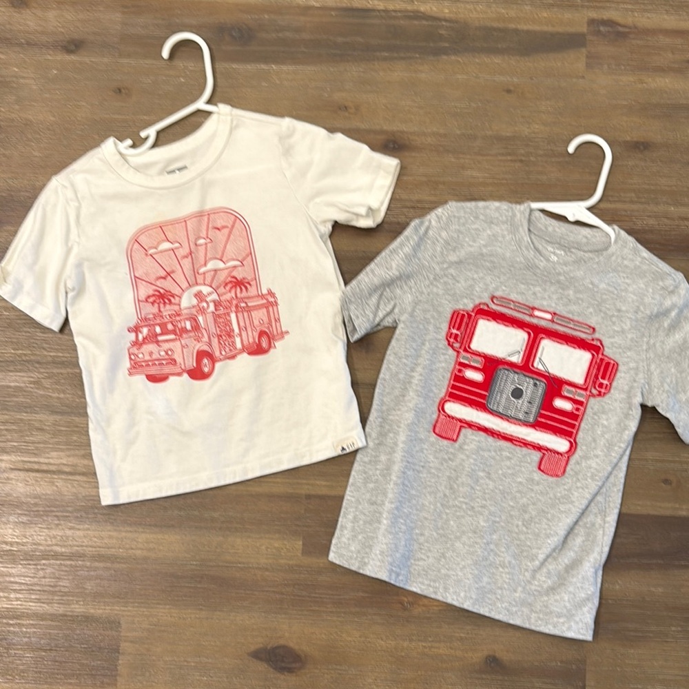 White and Gray Short Sleeve Tees with Red Bus Designs